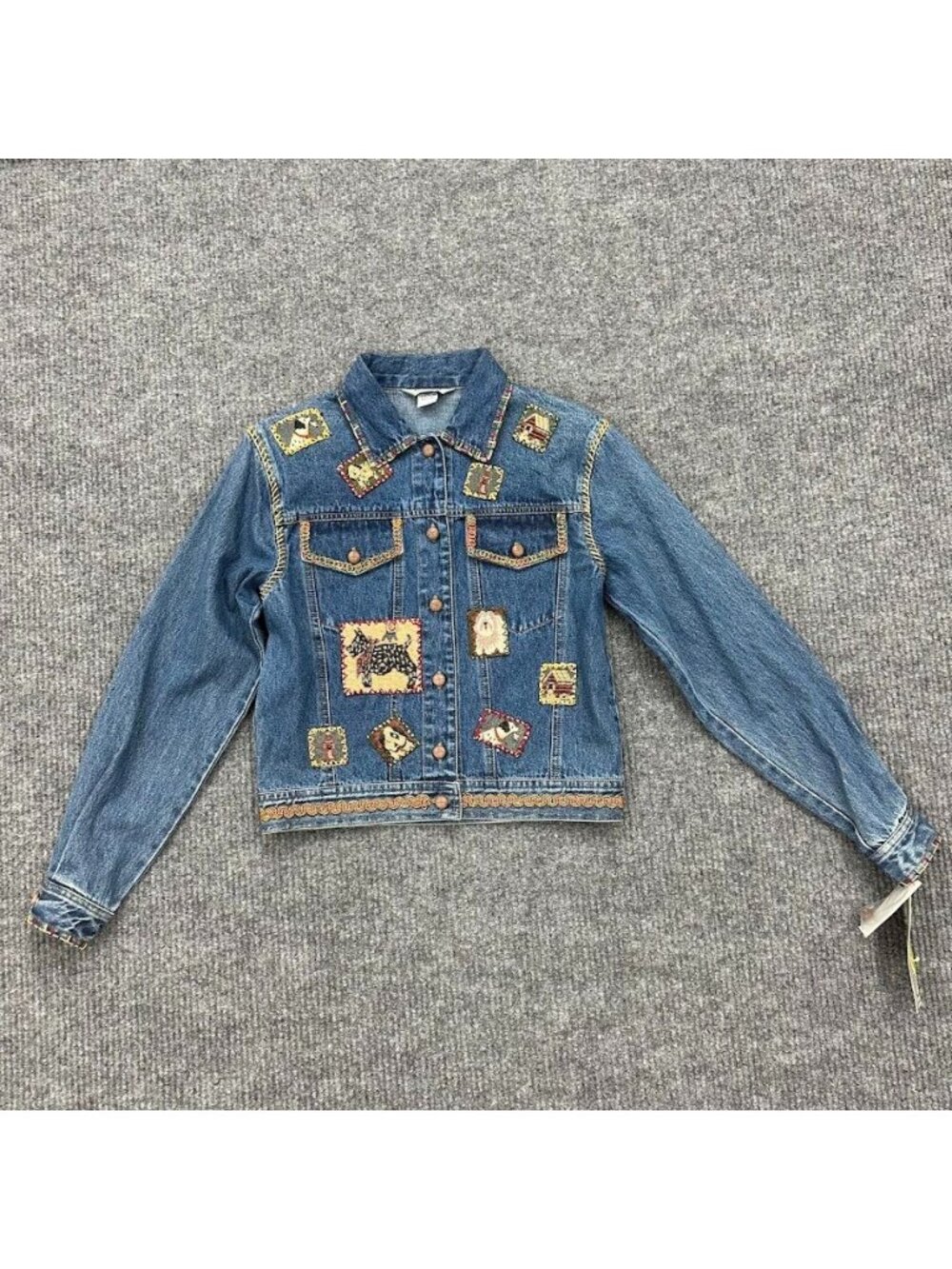 VTG Stonebridge Denim Jacket Dog Themed Patchwork 100% Cotton Womens size P NEW